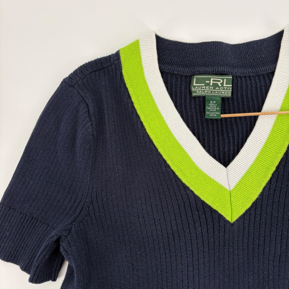 Lauren Active Ralph Lauren Navy Blue Ribbed V-Neck Short Sleeve Sweater Small
